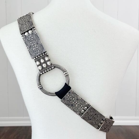 Boho Stretch Belt Hip Slung Embossed Metal Beads Artsy Bohemian Size L/XL Silver main image 8